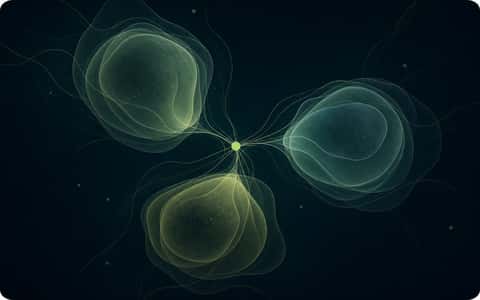 Three soft cellular forms linked at a single luminous center, suggesting connected family care.